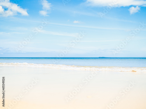 Sea Ocean Water Sand Beach with Sky Horizon Background View Blue Texture Surface Wave Shore Calm Still Clean Summer Tropical Paradise Nature Seascape View Island