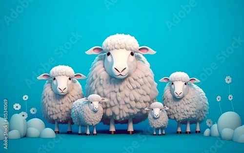 Sheep family celebrating Eid Al Adha on blue background, Generative Ai