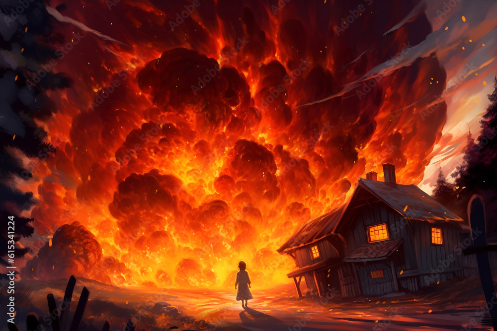 Obraz premium Child in front of big fire 