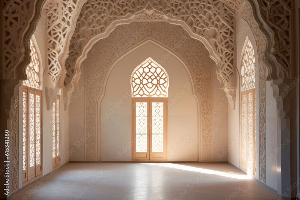 interior of a beautiful islamic mosque with ornate archway. Generative ai