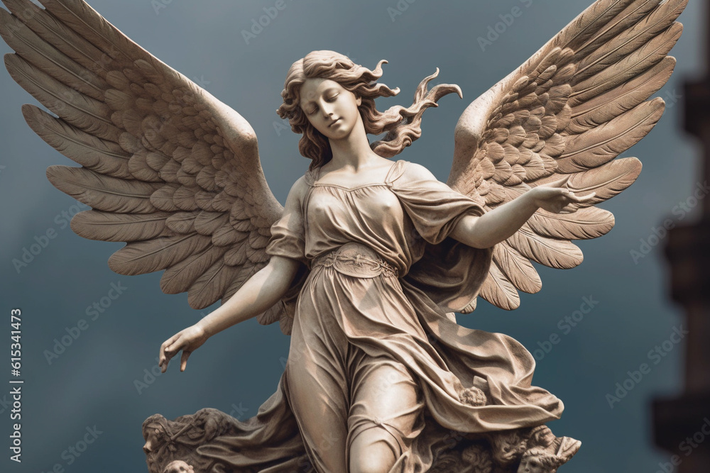 Fototapeta premium Elegant beauty of a woman angel statue with magnificent outstretched wings, embodying grace, serenity, and ethereal charm in this enchanting sculpture. Ai generated