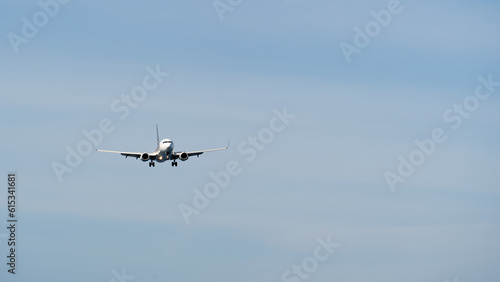 Landing plane against a blue clear sky. Commercial flights on an airliner. Air Transport. Place for text, copyspace.