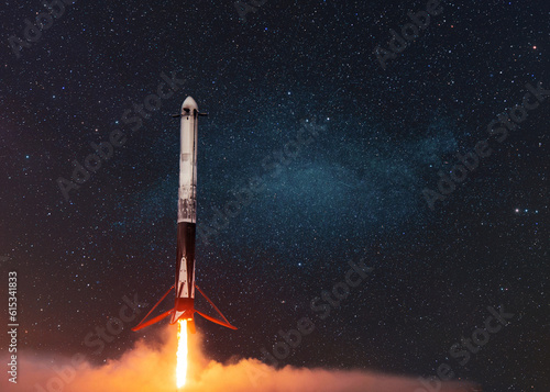 New Ship Rocket flies with blast to another planet. Spaceship takes off into the starry sky. Rocket starts into space. Concept. Creative travel idea
