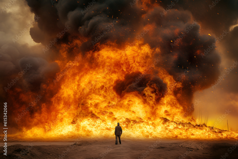Fototapeta premium A man standing in front of big fire 