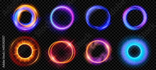 Optical halo flares with neon light vector effect set isolated on transparent background. Circle lens ring with glitter 3d digital design. Radiant speed motion design. Magic energy vortex with spark