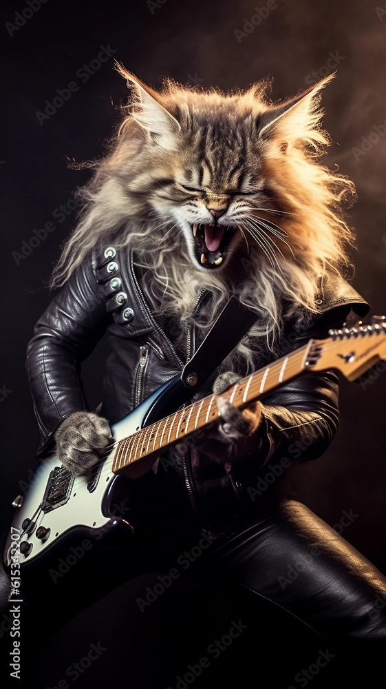Rock and Roll Cat Playing a Guitar Generative AI