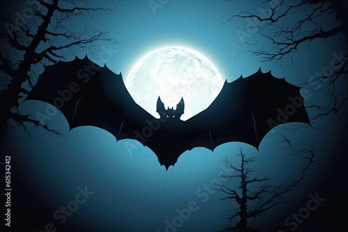 Flying bat silhouette in front of the moon, Halloween