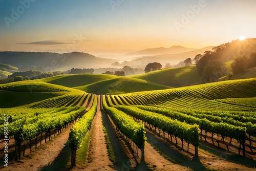 A picturesque vineyard with rows of grapevines stretching as far as the eye can see  set against a backdrop of rolling hills  