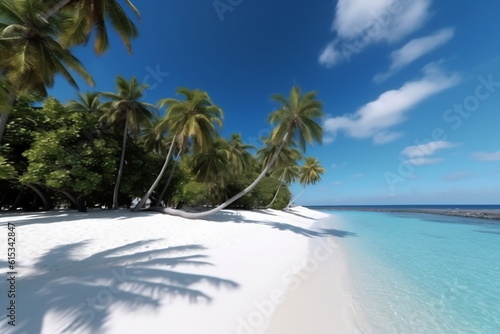 Tropical paradise beach with white sand and coco palms. Travel tourism wide panorama background concept