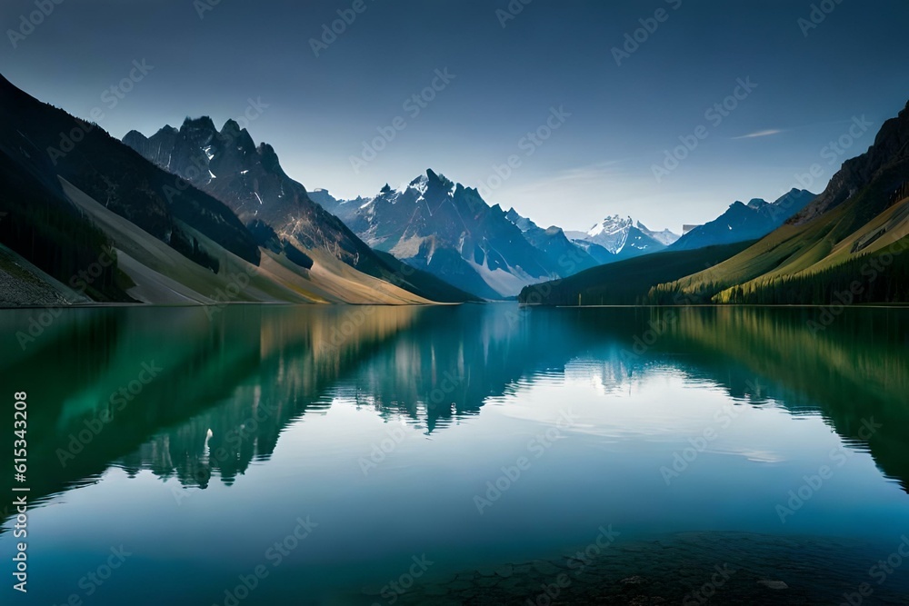 A serene mountain lake surrounded by towering snow-capped peaks and lush green forests.