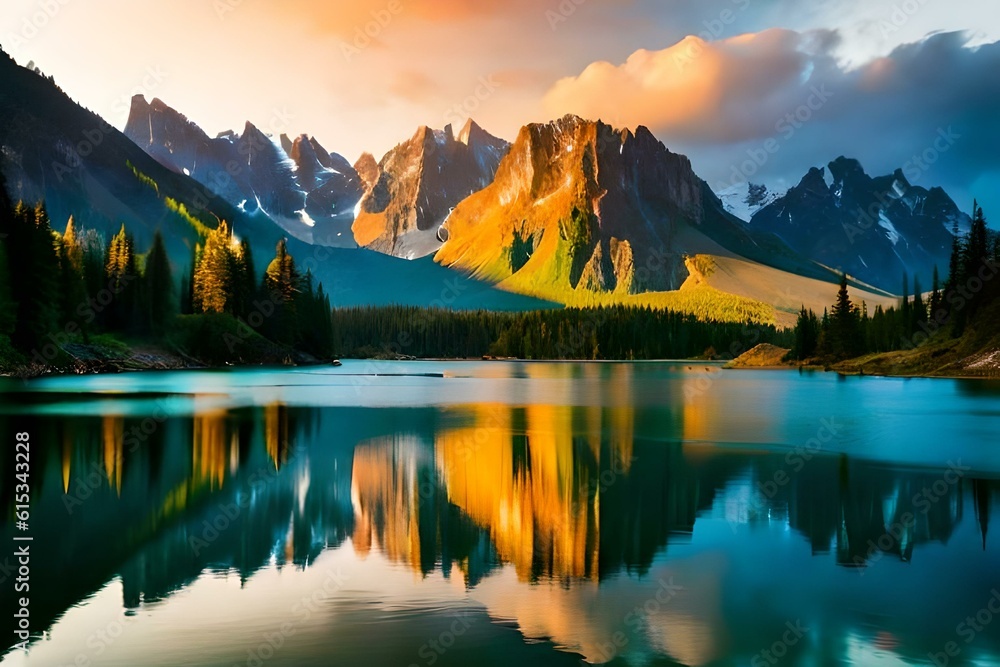 A serene mountain lake surrounded by towering snow-capped peaks and lush green forests.