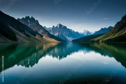 A serene mountain lake surrounded by towering snow-capped peaks and lush green forests.