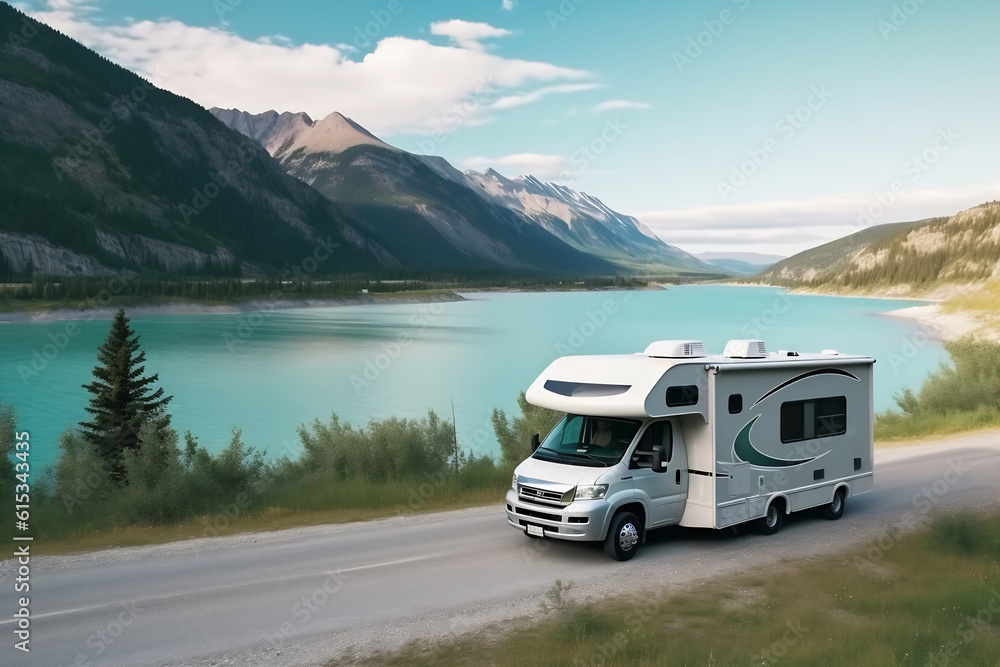 Camper van motor home on the landscape with mountains and lake. Car traveling illustration. Freedom vacation travel. Caravan design concept Camper van motor home on the landscape with mountains and lake. Car traveling illustration. Freedom vacation travel. Caravan design concept