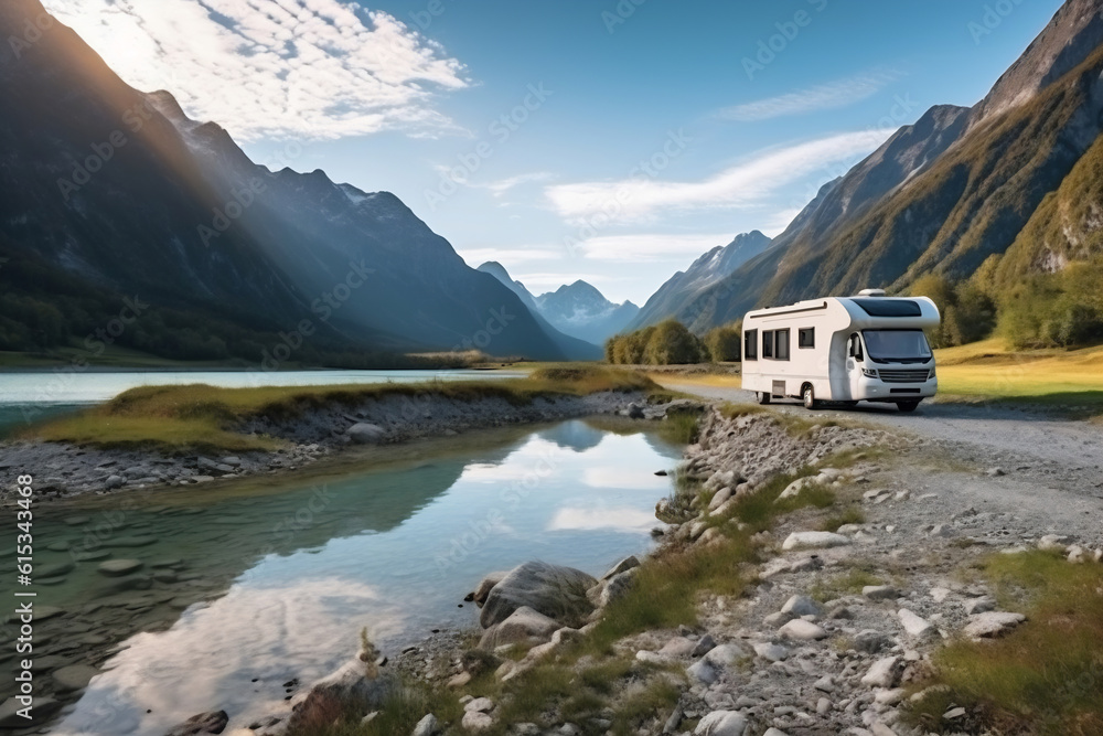 Camper van motor home on the landscape with mountains and lake. Car traveling illustration. Freedom vacation travel. Caravan design concept