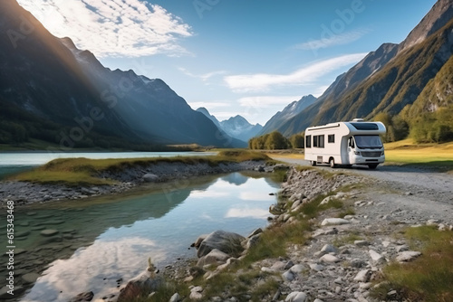 Camper van motor home on the landscape with mountains and lake. Car traveling illustration. Freedom vacation travel. Caravan design concept © Canvas Alchemy