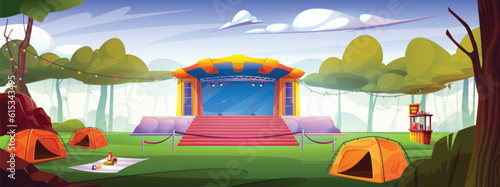 Outdoor music concert stage in public park vector. Open air summer performance with camp tent in forest. Empty outside musician entertainment on scene stand near green grass lawn with garland. photo