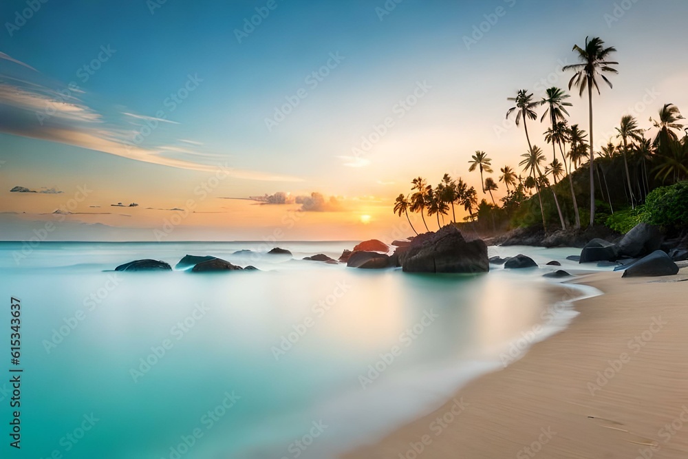 A stunning tropical beach with crystal-clear turquoise water and palm trees swaying in the gentle breeze.