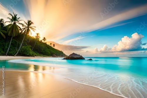 A stunning tropical beach with crystal-clear turquoise water and palm trees swaying in the gentle breeze.