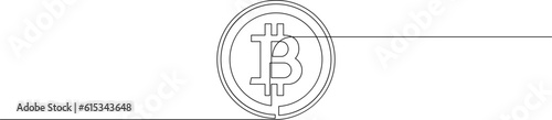 Continuous line drawing of bitcoin cryptocurrency silhouette. Blockchain, finance and banking technology concept drawn by one line. Vector illustration.