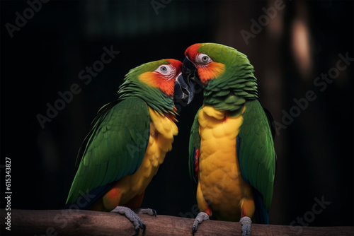Generaive AI. a pair of parrots kissing