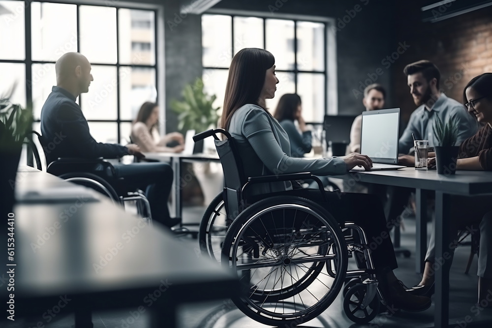 A disabled peson is sitting in a wheelchair. Nearby are his colleagues A disabled peson is sitting in a wheelchair. Nearby are his colleagues