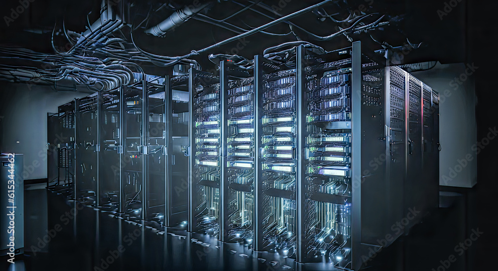 AI Working Data Center With Rows of Rack Servers. Emergency Led Lights Blinking and Computers are Working. Dark Ambient Light. Generative AI AI Working Data Center With Rows of Rack Servers. Emergency Led Lights Blinking and Computers are Working. Dark Ambient Light. Generative AI