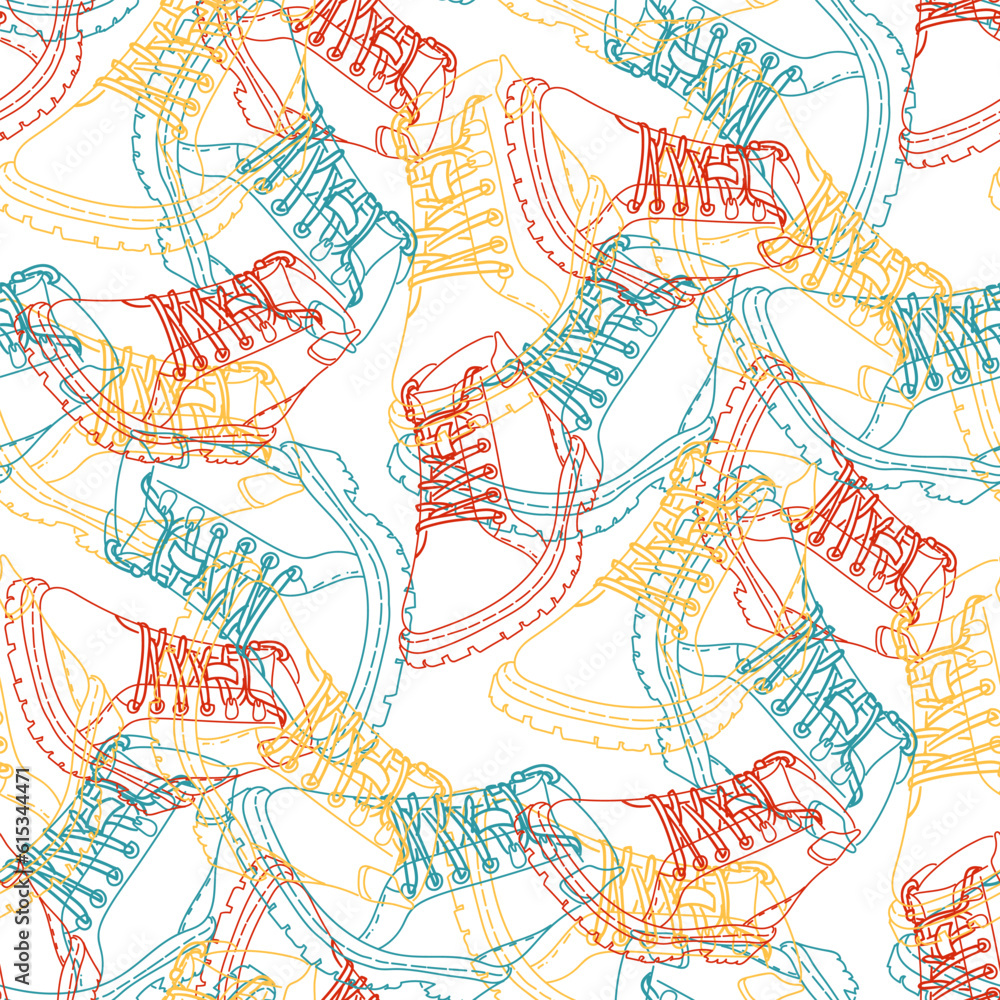 A pattern of fashionable winter boots for everyday walking, a colored contour of a boot with a seamless pattern. Casual and festive insulated shoes. Autumn, winter, spring background. For printing A pattern of fashionable winter boots for everyday walking, a colored contour of a boot with a seamless pattern. Casual and festive insulated shoes. Autumn, winter, spring background. For printing