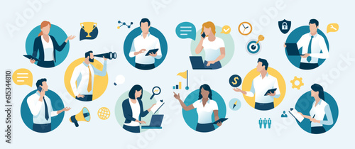  Teamwork. Employees on circles, business icons. Team cooperation concept. Business vector illustration.