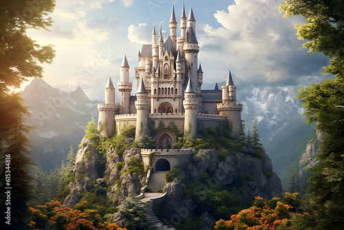 Enchanting Fairytale Castle: A magical image of an enchanting fairytale castle nestled amidst lush greenery, evoking a sense of wonder and appealing to fantasy enthusiasts and travel dreamers. © Tachfine Art