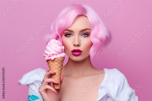 Murais de parede Beautiful woman with vivid makeup holding an ice cream