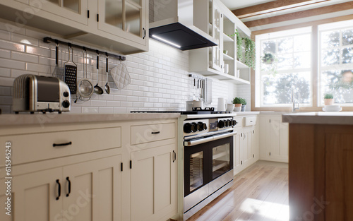 The interior of a large U-shaped kitchen with a wooden front and a large island