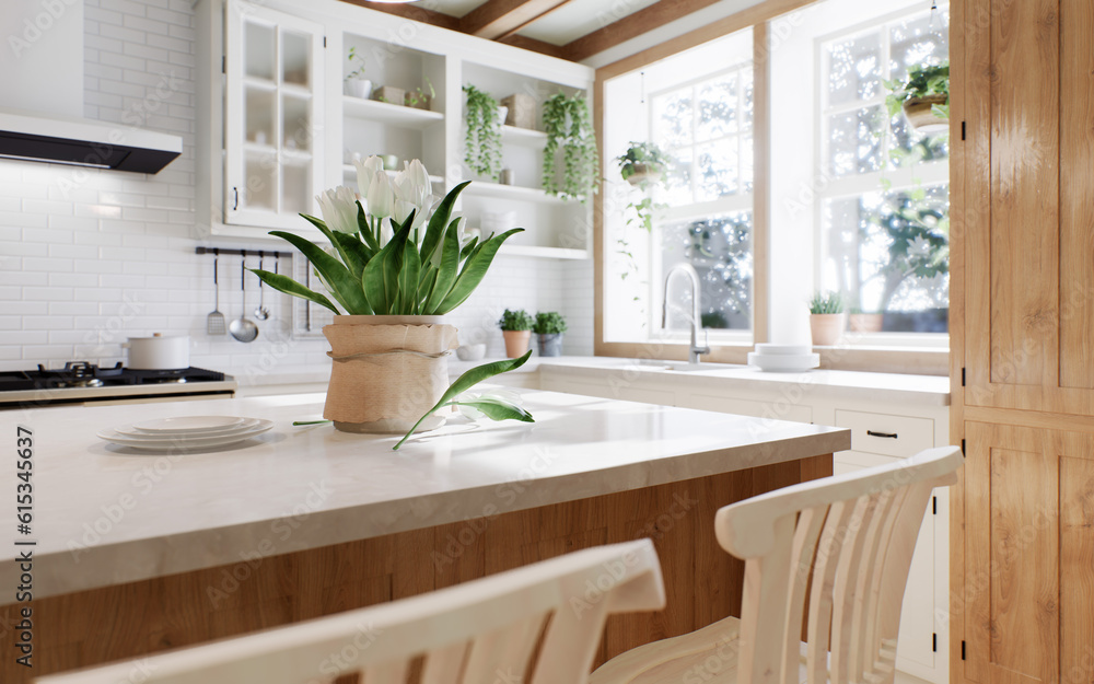 The interior of a large U-shaped kitchen with a wooden front and a large island The interior of a large U-shaped kitchen with a wooden front and a large island