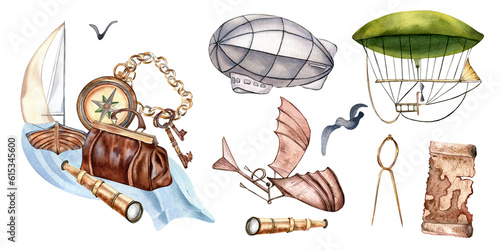 Set of sailing ship, aerostat, adventure items watercolor illustration isolated on white. Aircraft, dirigable, ancient map hand drawn. Childish design, element for boy's room, print, postcard photo