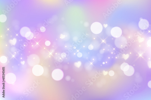 Rainbow unicorn background. Pastel gradient color sky with glitter and bokeh. Magic galaxy space with stars and hearts. Vector abstract pattern.
