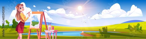 Young woman painting summer landscape. Vector cartoon illustration of female artist drawing beautiful lake in green valley, birds flying in blue sunny sky, enjoying art hobby. Design school banner