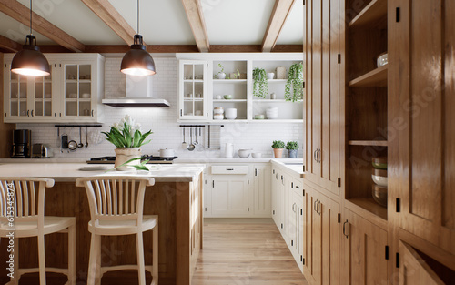 The interior of a large U-shaped kitchen with a wooden front and a large island