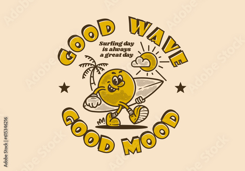surfer mascot character walking with happy face holding a surfing board