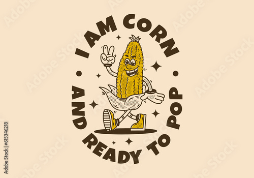 Corn mascot character walking with happy face