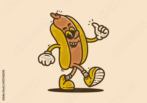 Hot dog mascot character walking with happy face