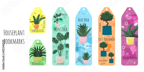 Set of 6 colorful bookmarks with houseplants, flower names, symbols and line elements. Flat illustration with doodle elements. Bookmarks isolated on a white background. © HAPPINESSINCREATION