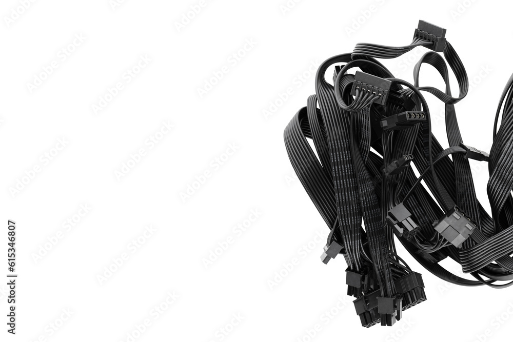 Connection wires from the power supply of a personal computer on a white background. Wires with connectors close-up cut out on a white background. Connection wires from the power supply of a personal computer on a white background. Wires with connectors close-up cut out on a white background.