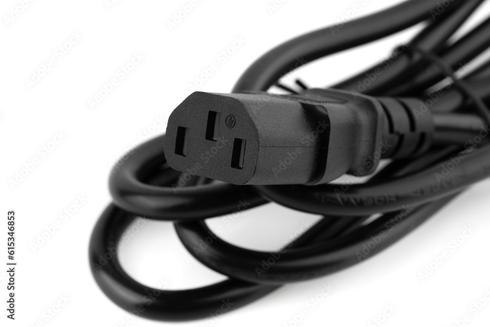 Plug connection from the power supply of a personal computer on a white background. Wire with a plug close-up cut out on a white background. Plug connection from the power supply of a personal computer on a white background. Wire with a plug close-up cut out on a white background.