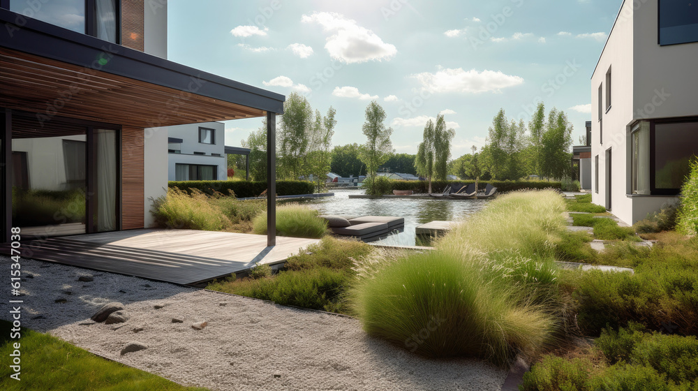 Minimalistic and contemporary, sleek and serene private garden that embodies the principles of Scandinavian design: functionality, simplicity, and connection to nature. Generative AI