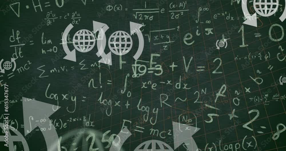 Animation of web globe icons over mathematical equations against green chalkboard background Animation of web globe icons over mathematical equations against green chalkboard background