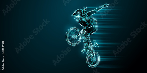 Abstract silhouette of a bmx rider, man is doing a trick, isolated on black background. Cycling sport transport. illustration