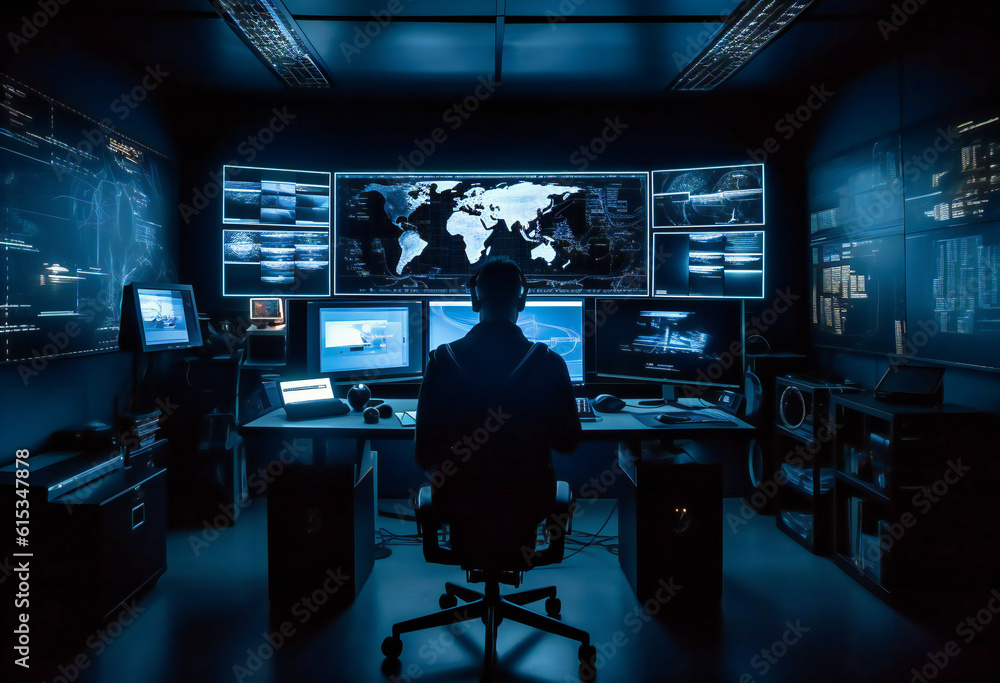 the man is sitting in the dark with his two computers the man is sitting in the dark with his two computers
