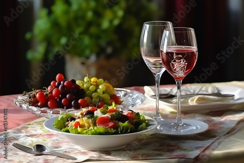 Served for a banquet table. Wine glasses with napkins, glasses and salads,Generative AI