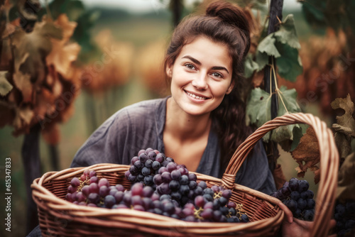 Happy smiling woman holding a wicker basket full of red grapes in vineyards in tuscany
