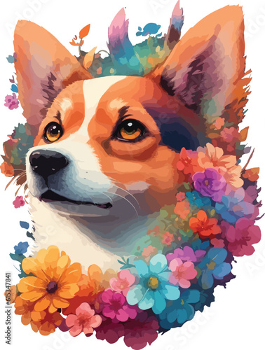 1 of 12 Chinese zodiac pictures. Pastel style watercolor dog illustration with colorful flowers.