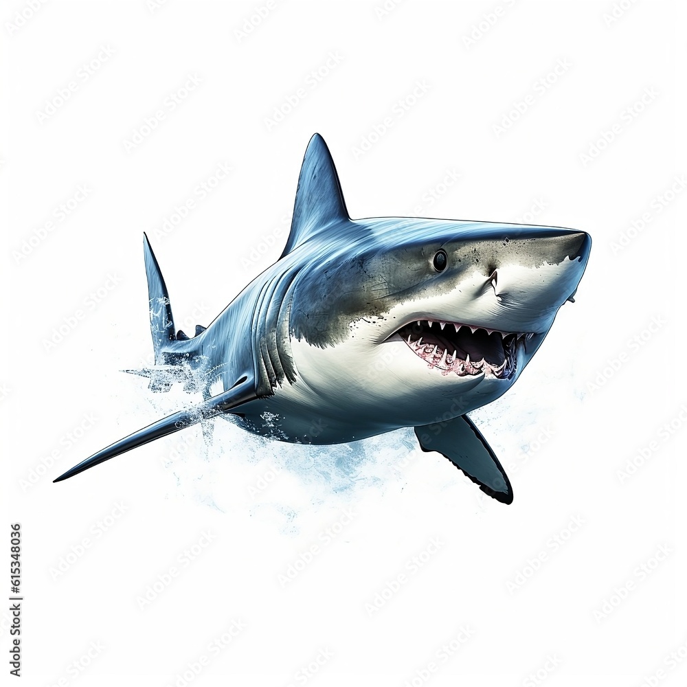 Obraz premium Imposing and fascinating shark, captured in a posture of serene might, its distinctive features and skin texture isolated against a white background that accentuates its power and beauty.